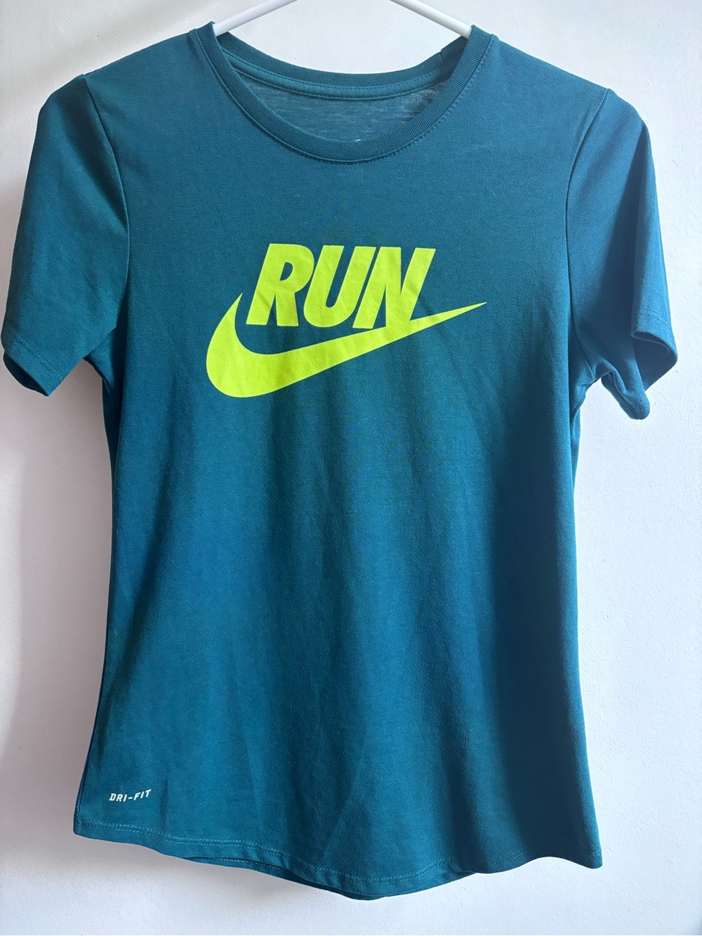 Nike Women's Short-Sleeve Running Tee in Teal with Neon Yellow Logo